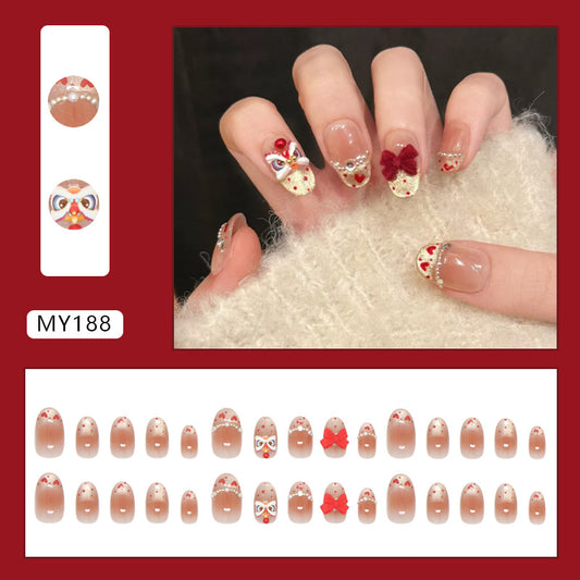 Champagne cat eye French blush bow lion dance pearl flash diamond   removable manicure 30 pieces｜365nails