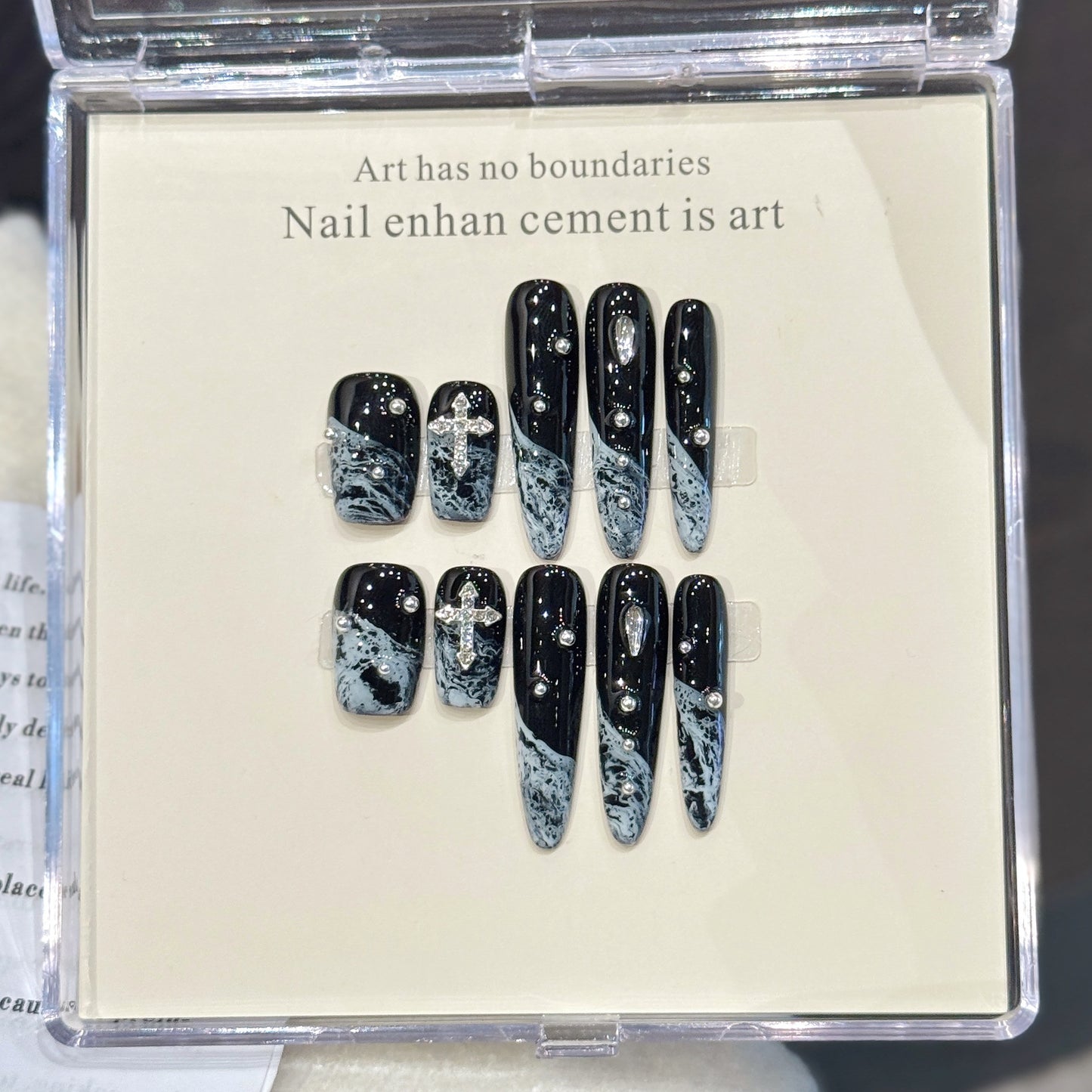 Gothic Black Night Sky Marble Cross Press-On Nails