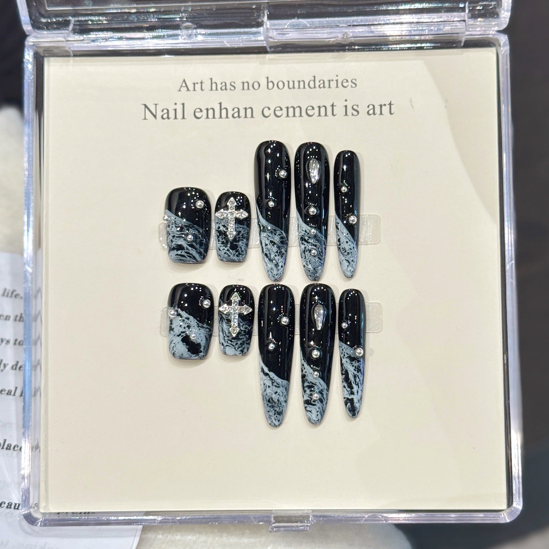 Gothic Black Night Sky Marble Cross Press-On Nails