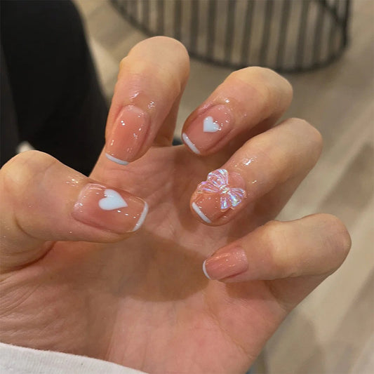 Nude escuro creme branco amor borboleta unha postiça finalizada removível ｜365nails