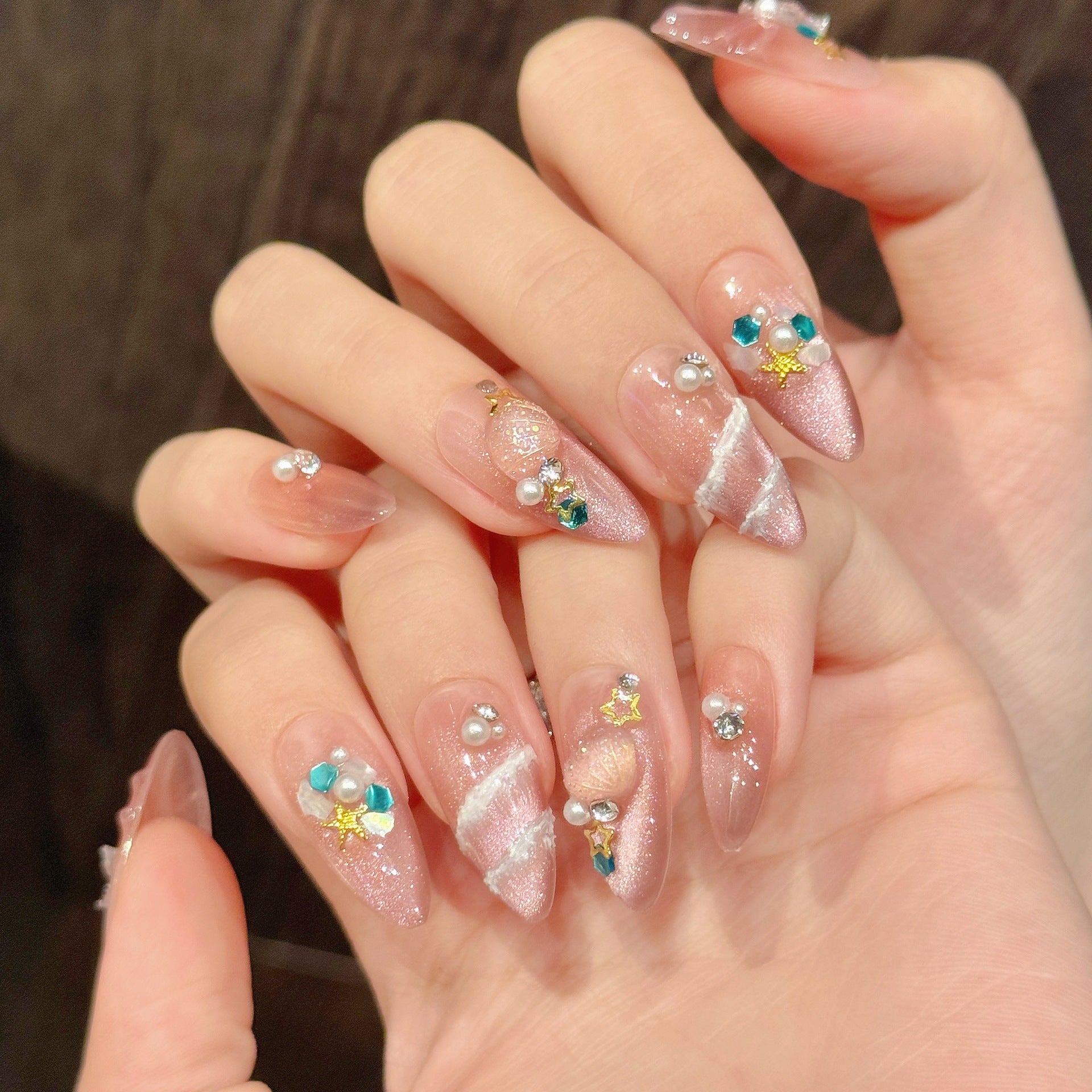 365nails: "Ethereal Bloom" – 3D Seashell & Pearl Handmade Long Almond Nails