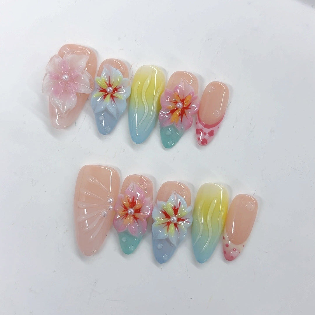Tropical Bloom: "Gradient Floral" – Almond Press-On Nails