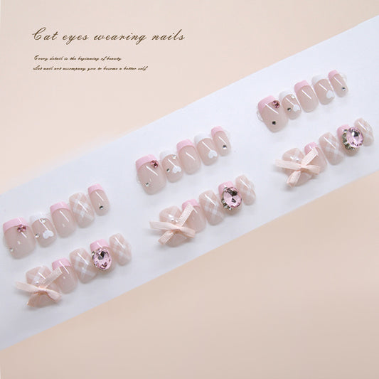 Nail Tips  Prefabricated Nail Pink White Girl Plaid Sweet Love Bow Nail Art Diamond Wear Nail 30 Pieces｜365nails