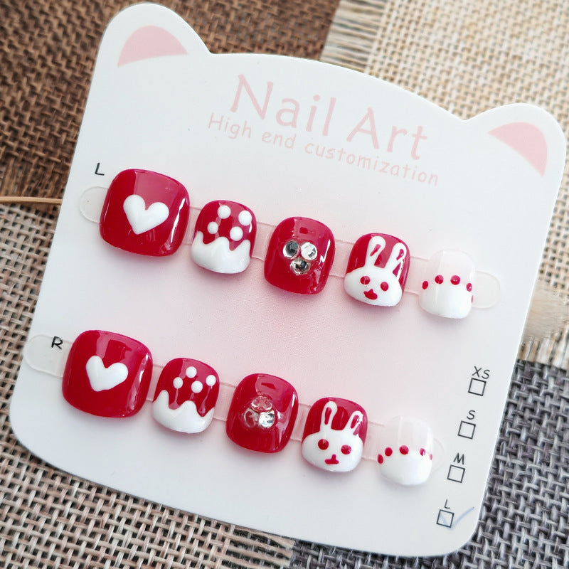 365nails-Lucky Bunny Kids Series: "可愛紅兔" – 短款方形兒童穿戴甲