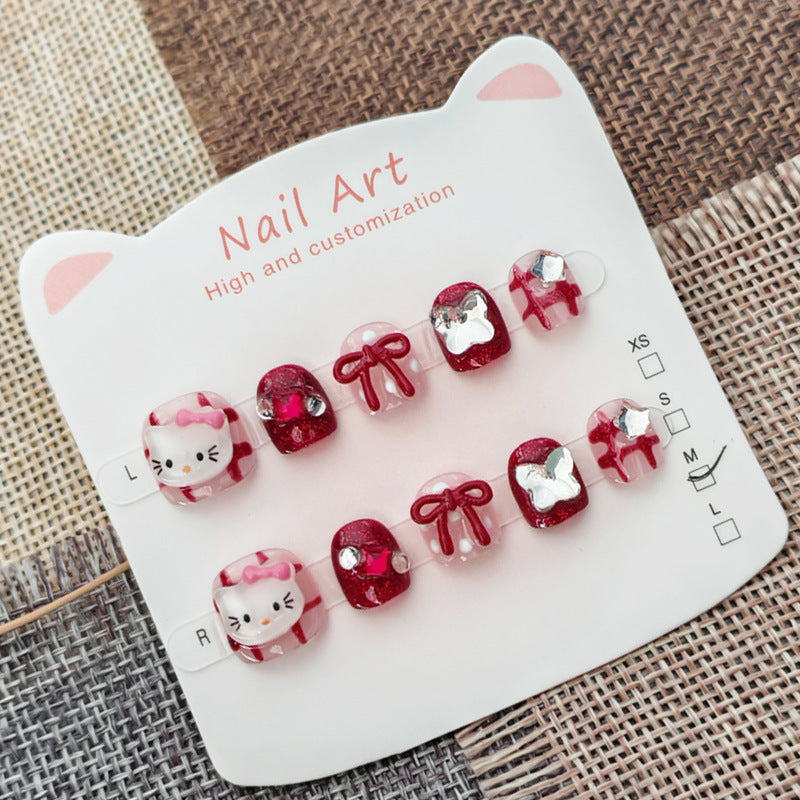 365nails: "ruby plaid hello kitty" – short round handmade kids press-on nails