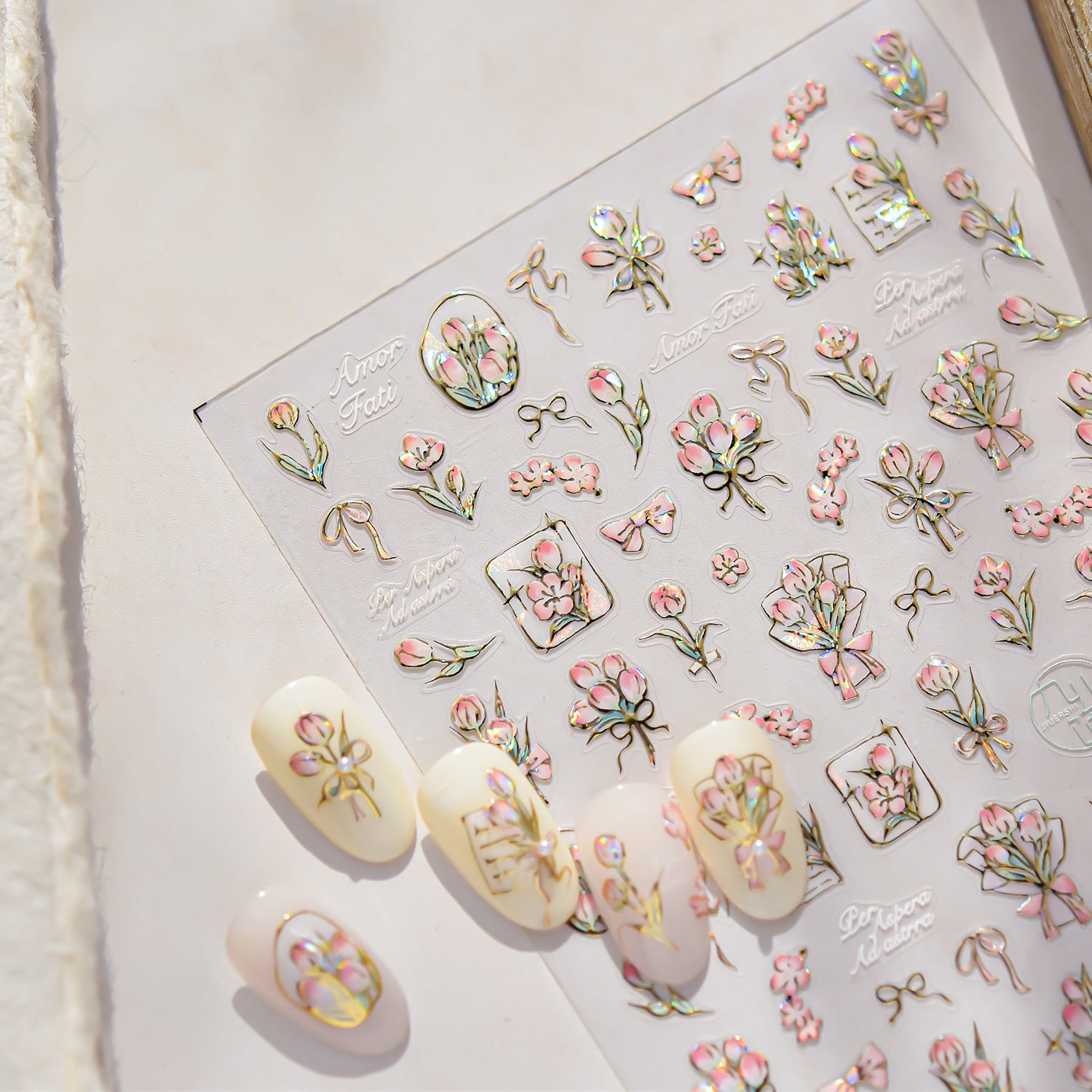 Iridescent Tulip & Amor Script: "Romantic Pink Tulip" – 5D Embossed Nail Sticker