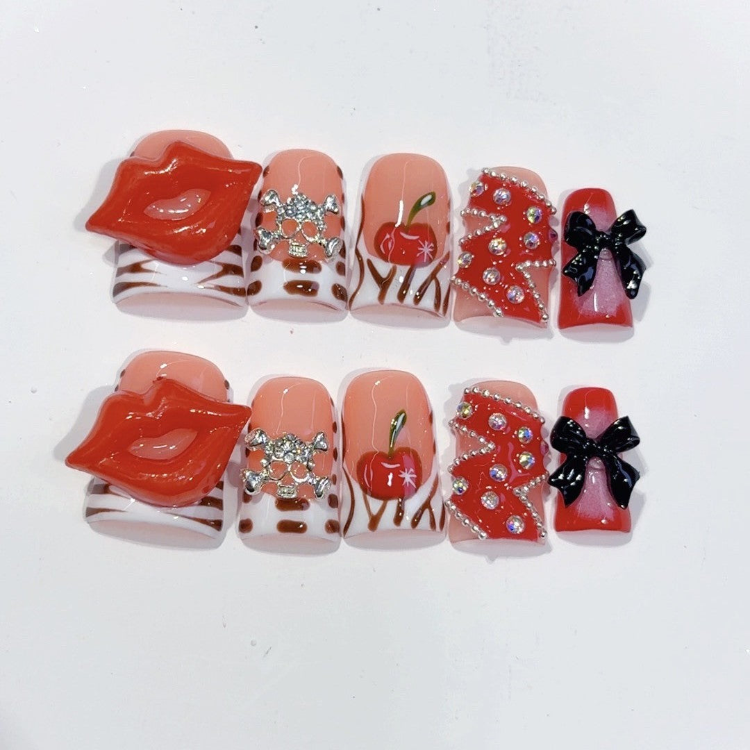 Série Pin-Up Retrô: "Beijo de Cereja" – Unhas Postiças Quadradas Curtas Feitas à Mão