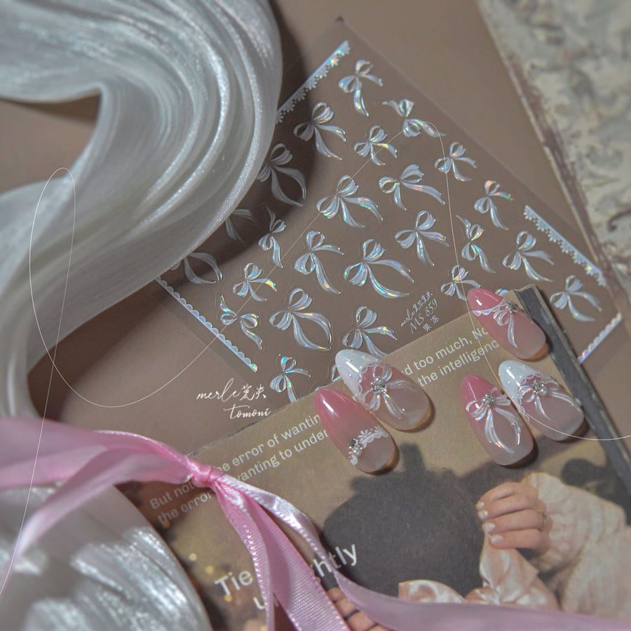 Iridescent White Bow: "Bridal Pearl Ribbon" – 5D Embossed Nail Sticker