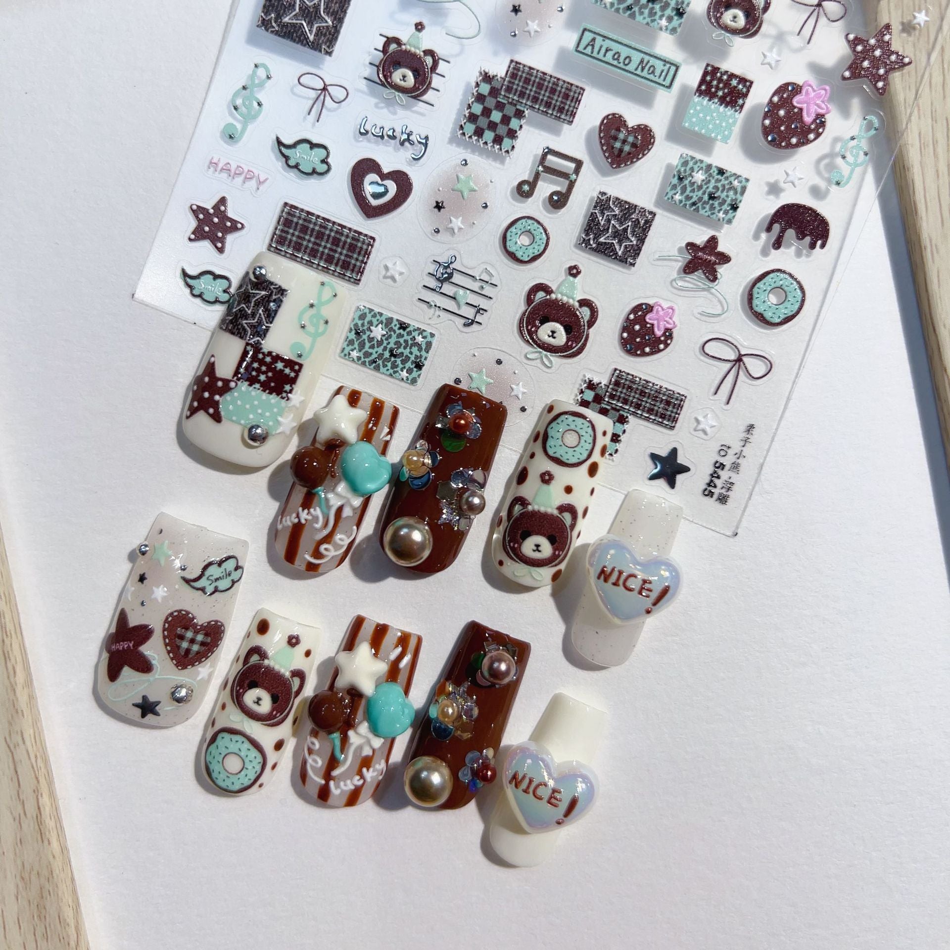 Cute Brown Bear Collection: "Checkered Bear" – 3D Embossed Nail Sticker