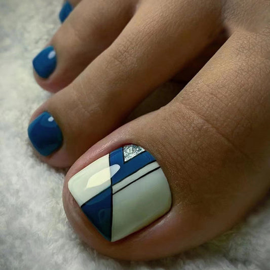 Coleção irregular azul-marinho simples e fresca, unhas postiças listradas, unhas postiças postiças, unhas postiças postiças, peça de nail art para unhas postiças｜365nails