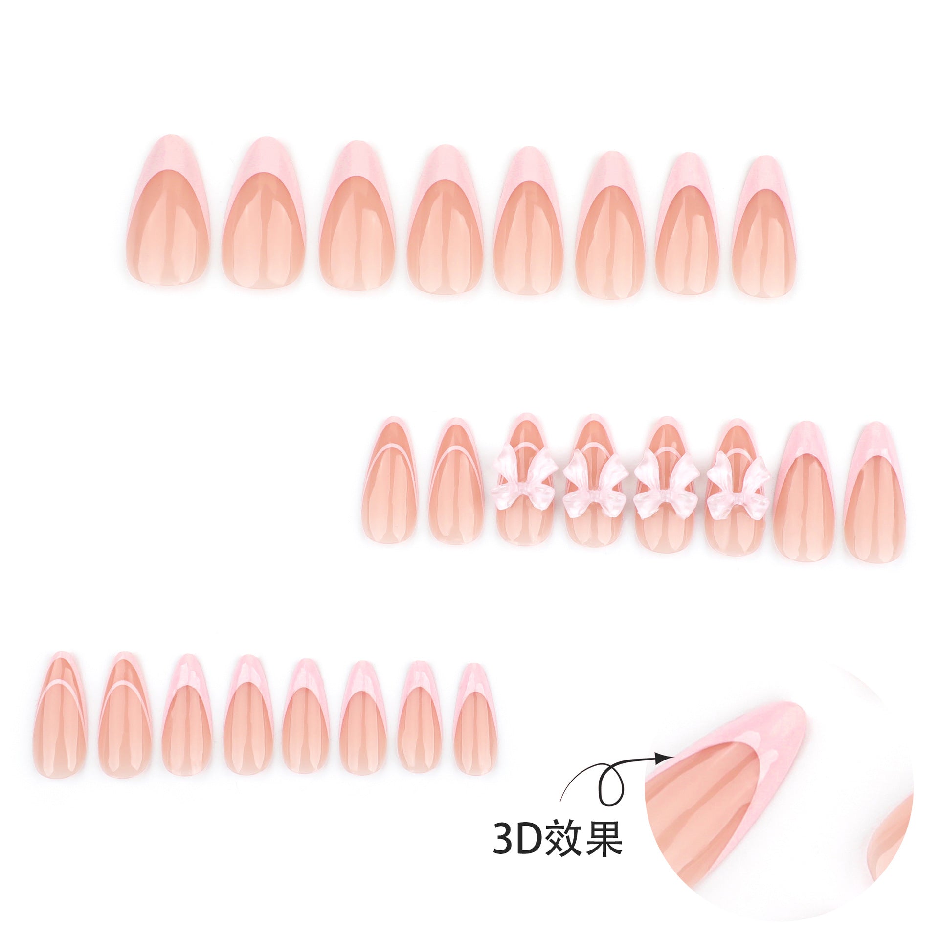 Almofadas de unhas postiças em formato de amêndoa rosa francesa doce, gelo puro através de laço tridimensional, arte de unhas, atacado de unhas postiças ｜ 365nails