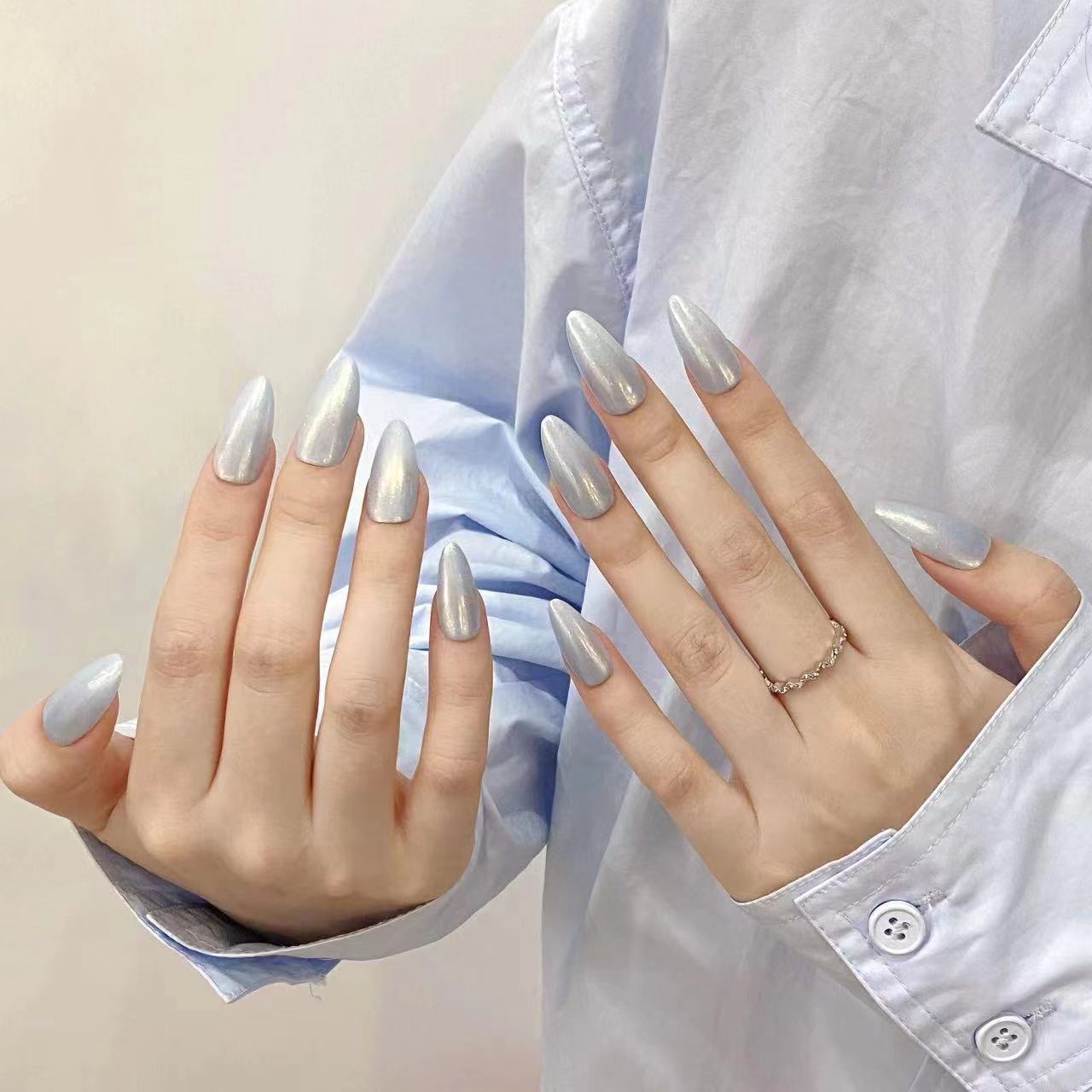 New handmade press on nails versatile white simple electroplating cyan nail art net red explosion | 365nails