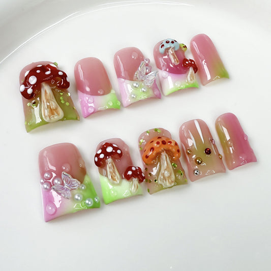 Unhas de bico de pato com cogumelo multicolorido, mudança gradual de gelo através de relevo francês, unhas postiças, unhas postiças, puras feitas à mão｜365nails
