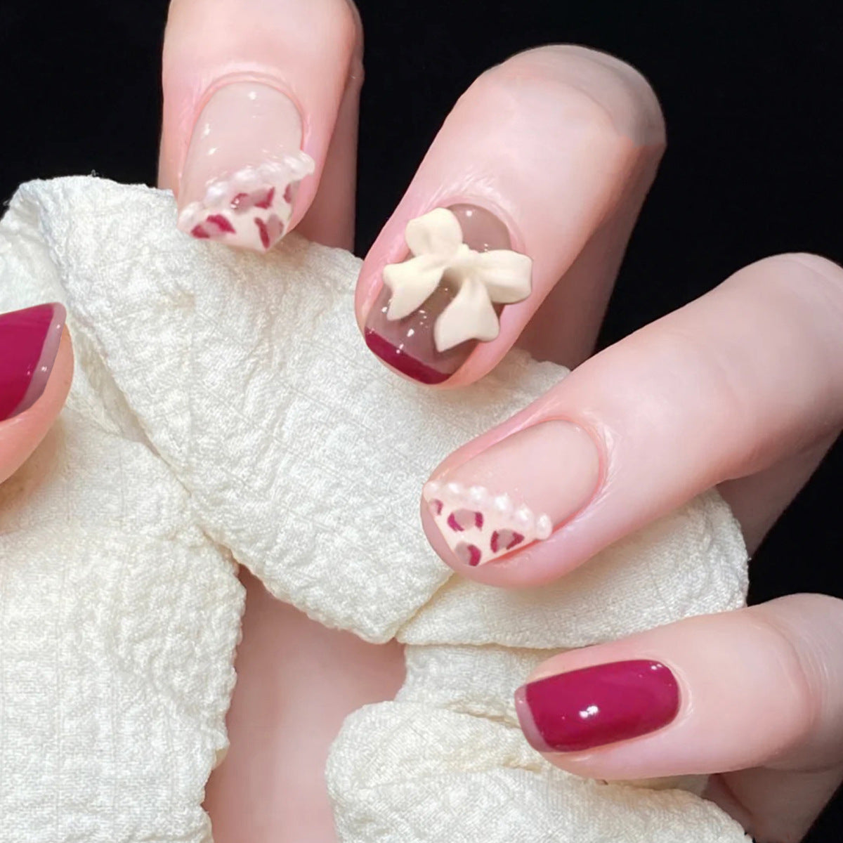 Cream Powder Leopard Print Pearl Nail Patch Nail Patch Cute Wear Nail Art Finished False Nail Removable Nail Patch｜365nails