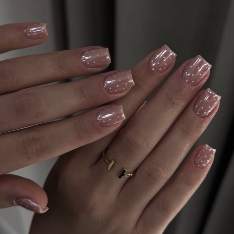 Glossy Nude Square Press On Nails with Silver Glitter Dots