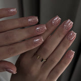 Glossy Nude Square Press On Nails with Silver Glitter Dots