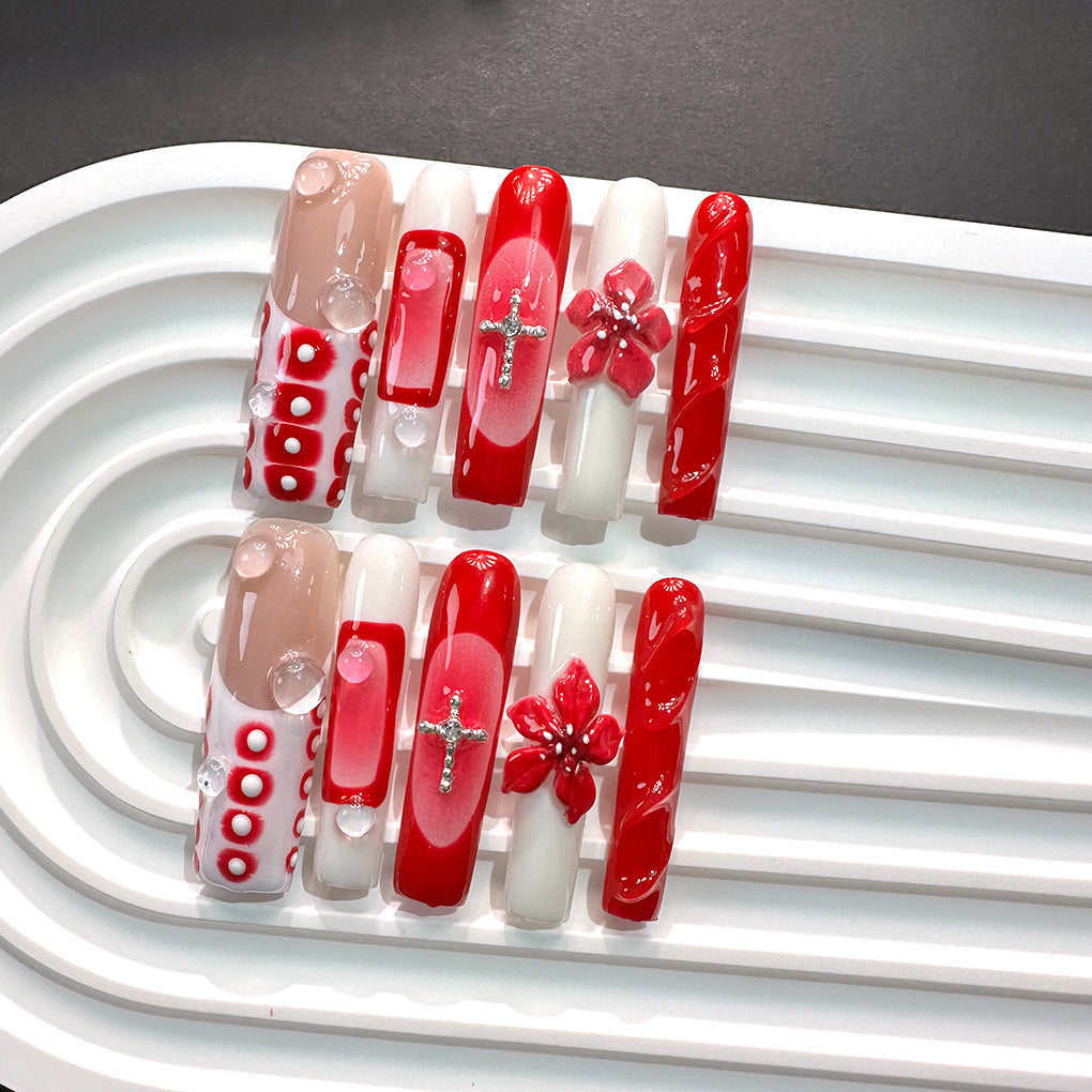 Red Gradient Floral Cross Statement Press On Nails