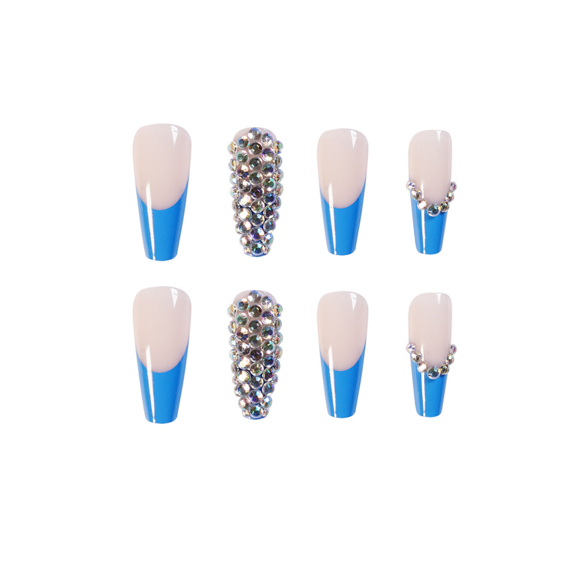 Unhas de pressão com diamante completo francês azul, unhas postiças acabadas, remendo removível, fornecimento especial ｜ 365 unhas