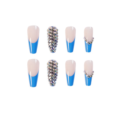 Blue French full diamond presson nail wearing finished nail art fake nail removable nail patch  special supply｜365nails