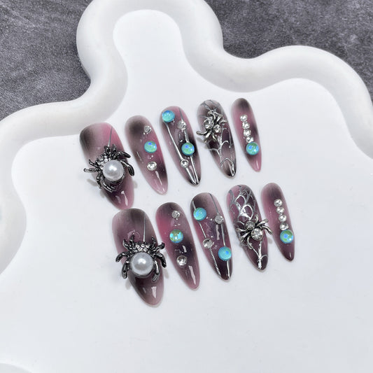 Handmade press on nails dark  style niche spider medium and long nail patch Halloween  sticker｜365nails