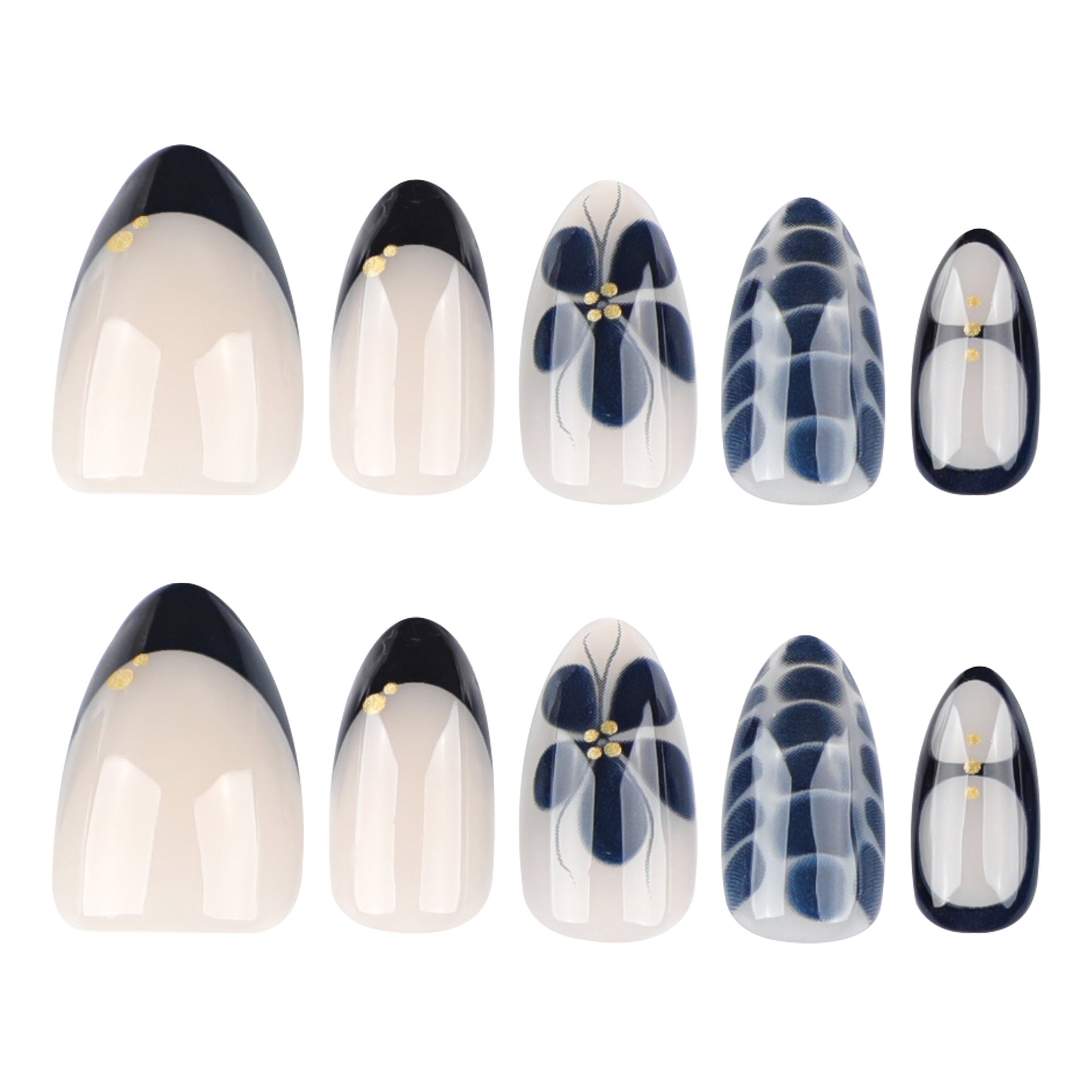 Navy Petal Accent Nails with Soft Nude Contrast
