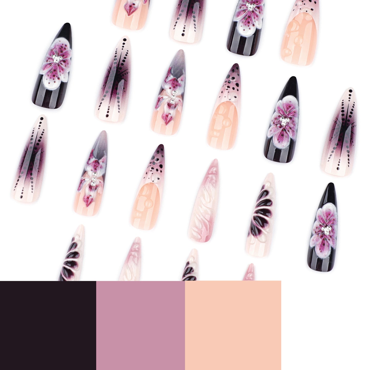 3d floral press-on nails, long stiletto french manicure