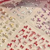 Embossed Bow Nail Stickers – Red & Metallic Pearl Set