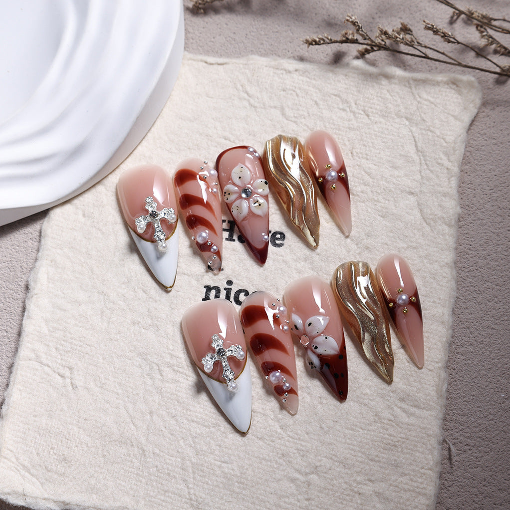 Gold Marble Cross Floral Stiletto Press On Nails