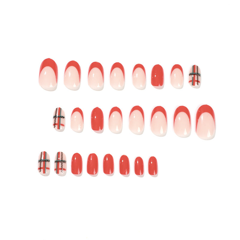 Press onable manicure wholesale Christmas short red and green plaid fake nails piece wholesale removable manicure nails｜365nails