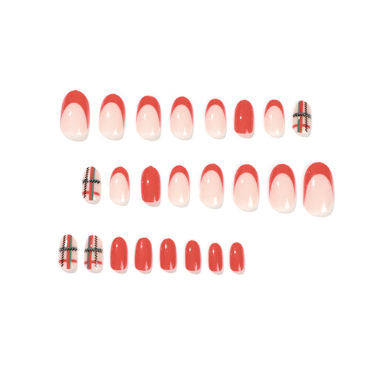 Press onable manicure wholesale Christmas short red and green plaid fake nails piece wholesale removable manicure nails｜365nails