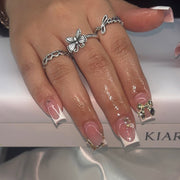 French Square Press On Nails with Gold Bow & Rhinestone Accents