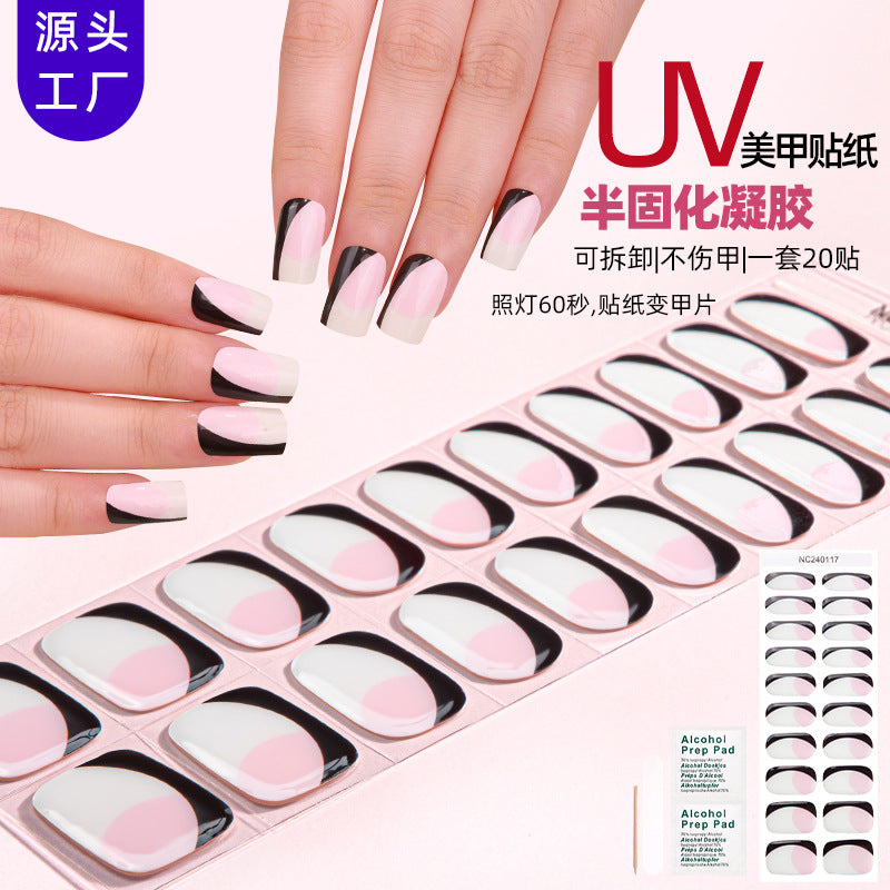 Semi-Cured Gel Nail Strips French Glitter Pink Sparkle Glossy Set (MOQ=3)