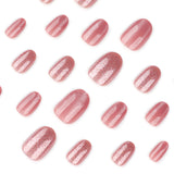 Flashy nude pink cat eye wearable nails casual glitter manicure nail pieces short round nails