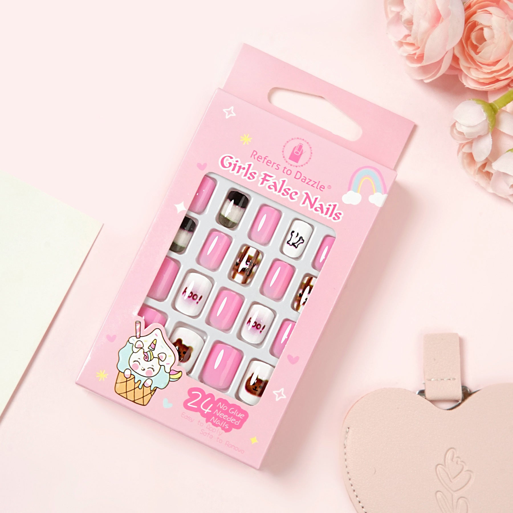 Kids press-on nails 24 short square manicure patches 3-12 years old
