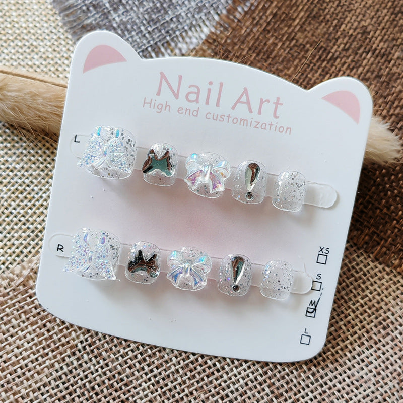 365nails: "ice clear aurora bow" – short round handmade kids press-on nails