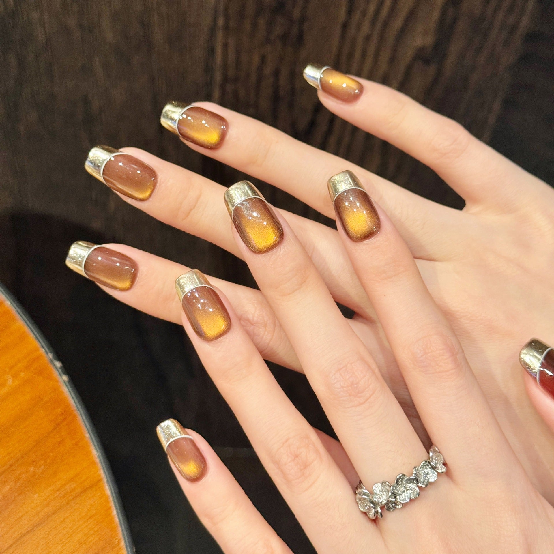 365nails: "Autumn Gold" – Mirror Chrome French Tip Handmade Short Square Nails
