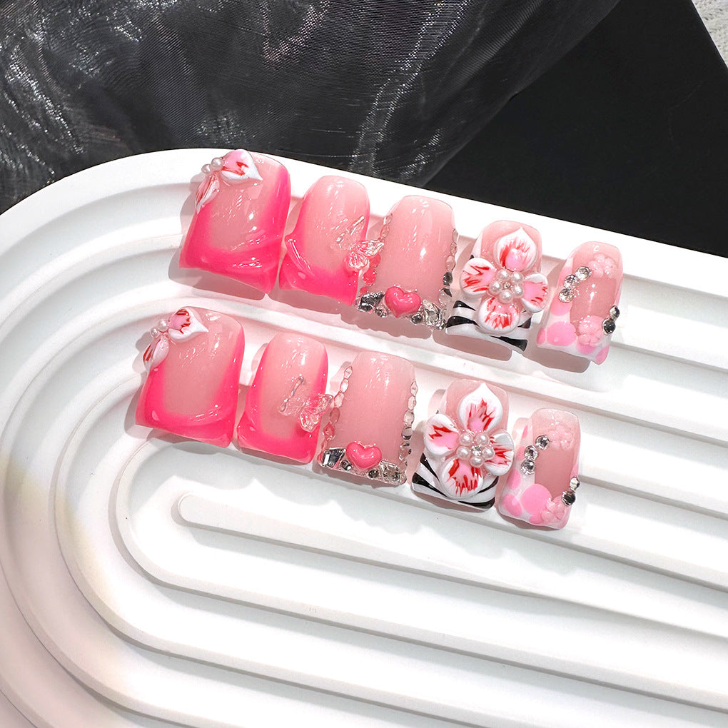 Pink Jelly Nails with Floral Heart and Sweet Accents