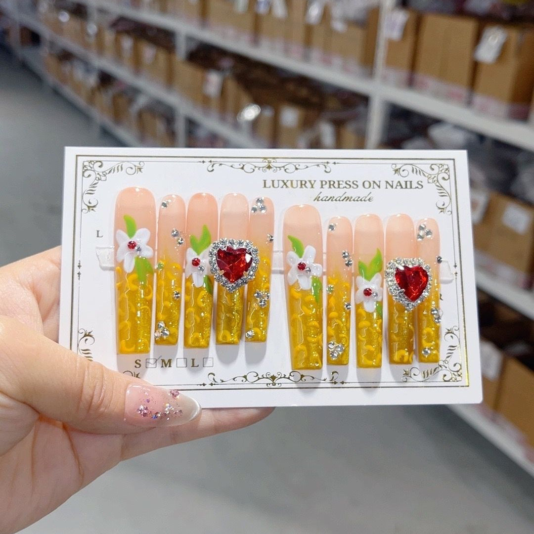 Golden Heart Floral Extra Long Elegant Press On Nails