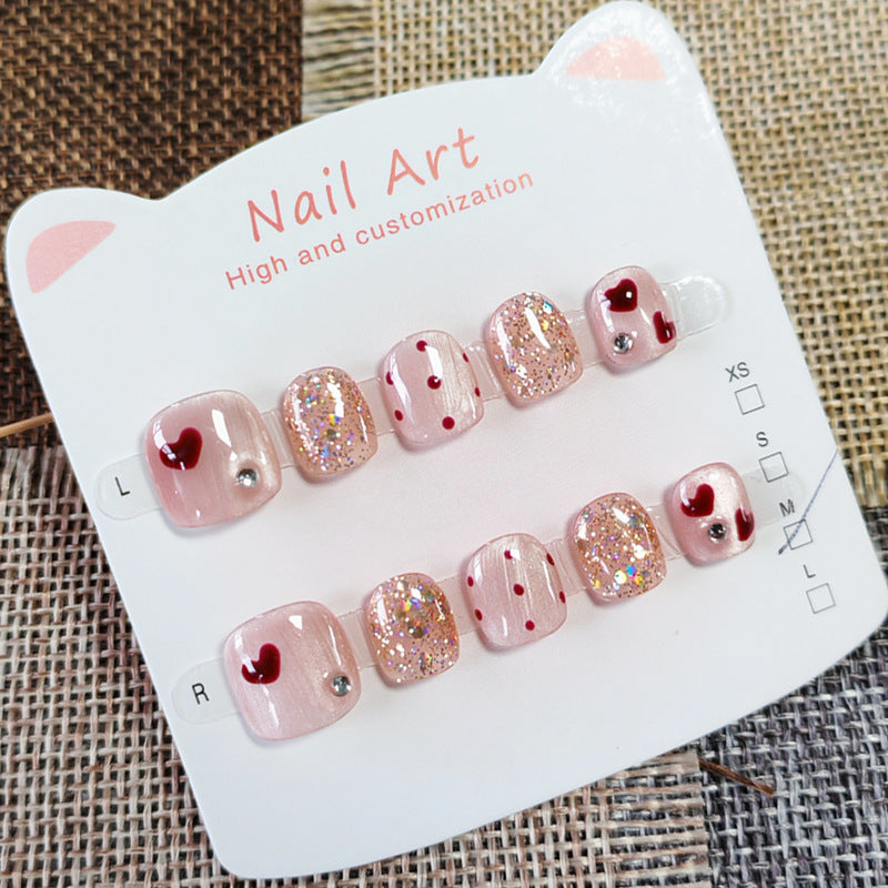 365nails: "ruby heart sparkle" – short wide handmade kids press-on nails
