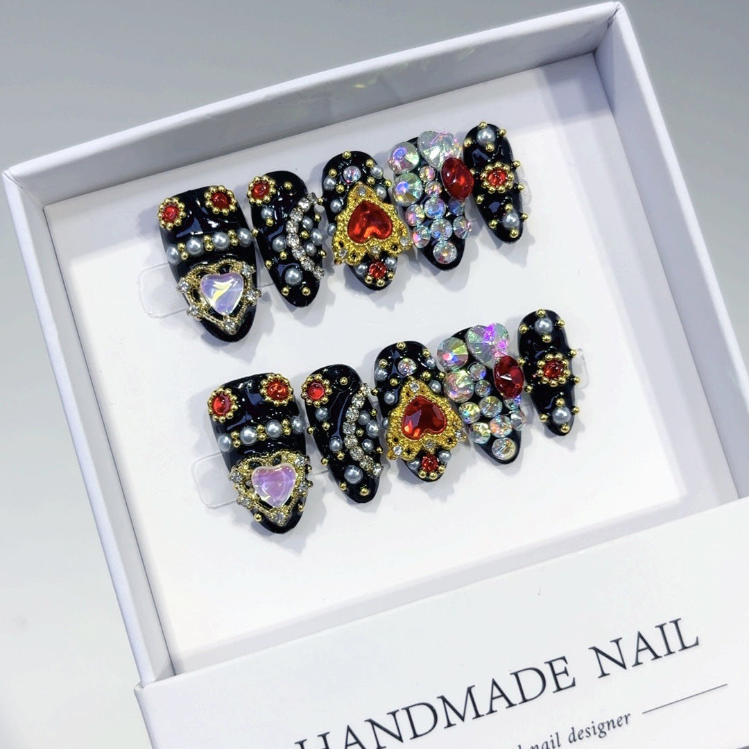 Gothic Gem: "Heart & Crown" – Short Almond Handmade Press On Nails