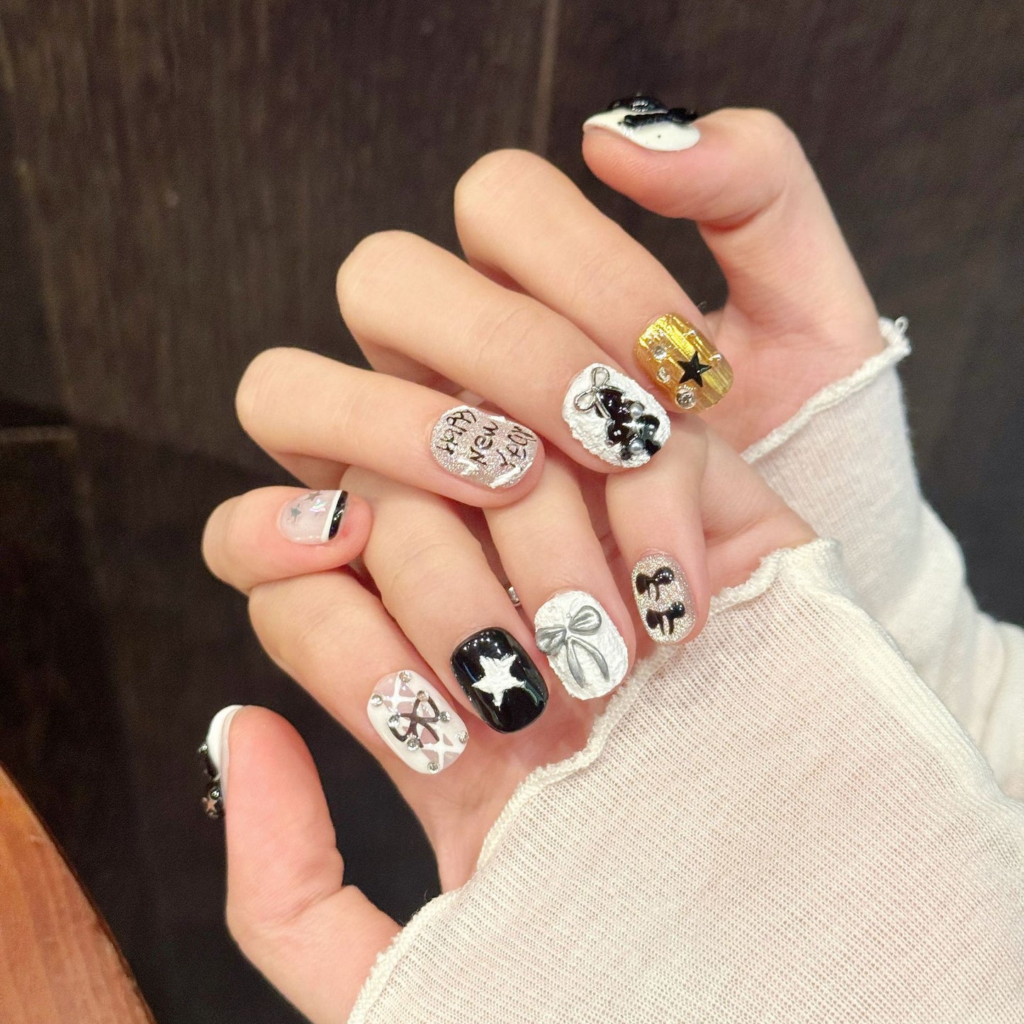 Black White Gold New Year Party Nails