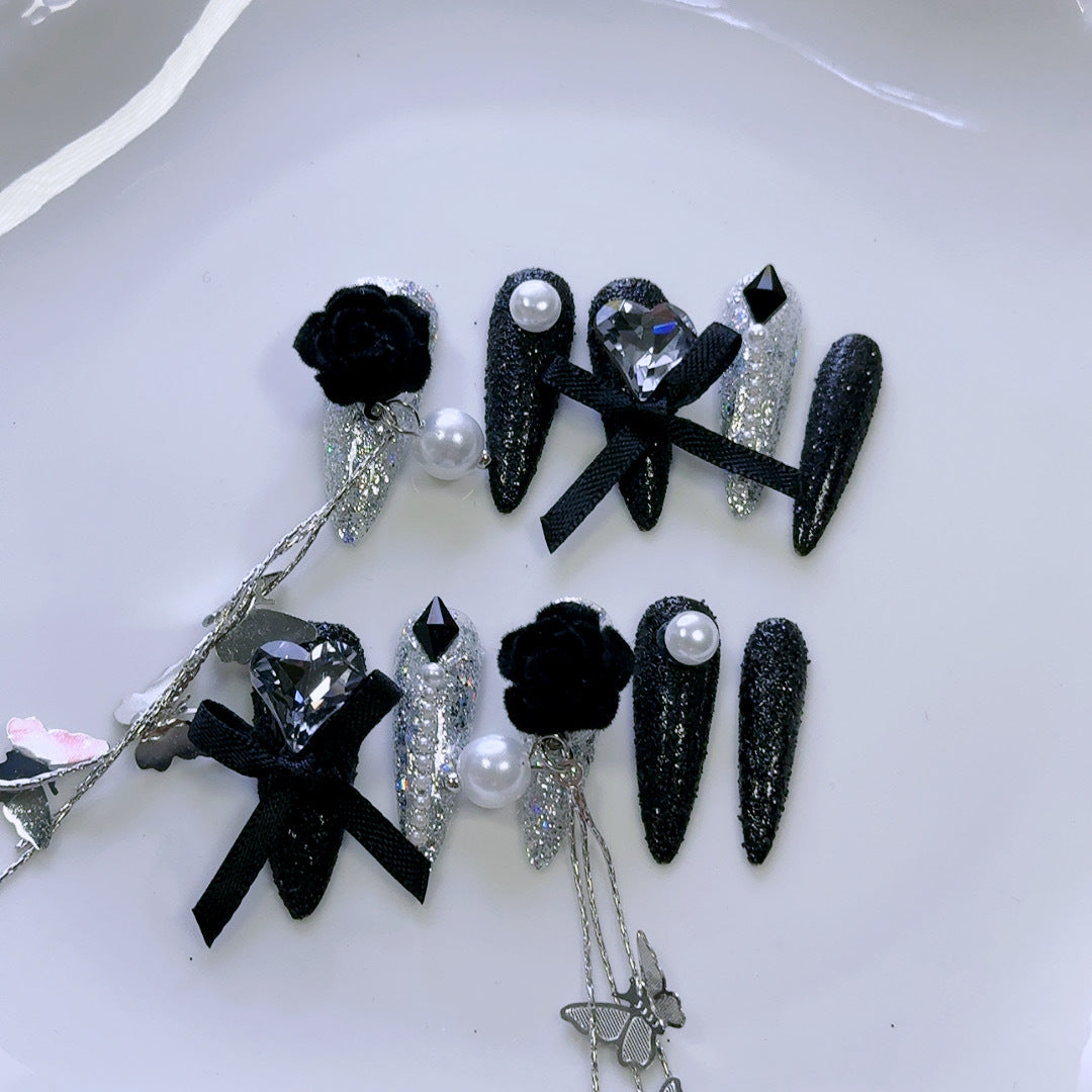 Gothic Press-On Nails with Dual-Color Roses and Silver Chrome Accents