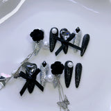 Gothic Press-On Nails with Dual-Color Roses and Silver Chrome Accents