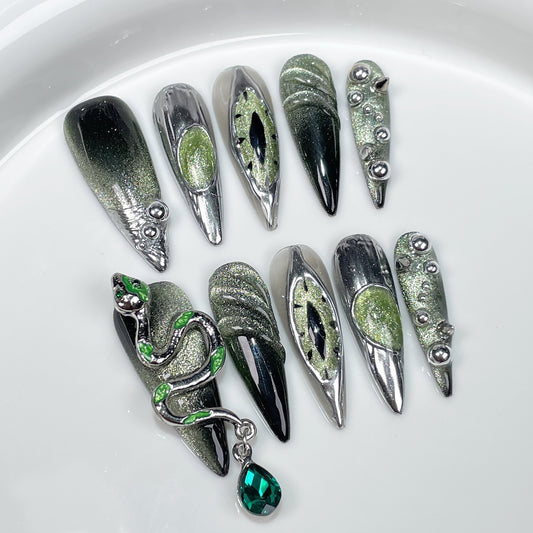 Long-pointed dark Slytherin Snake Academy Nail Art Punk Metal Wind Devil's Eye Handmade press on nails｜365nails