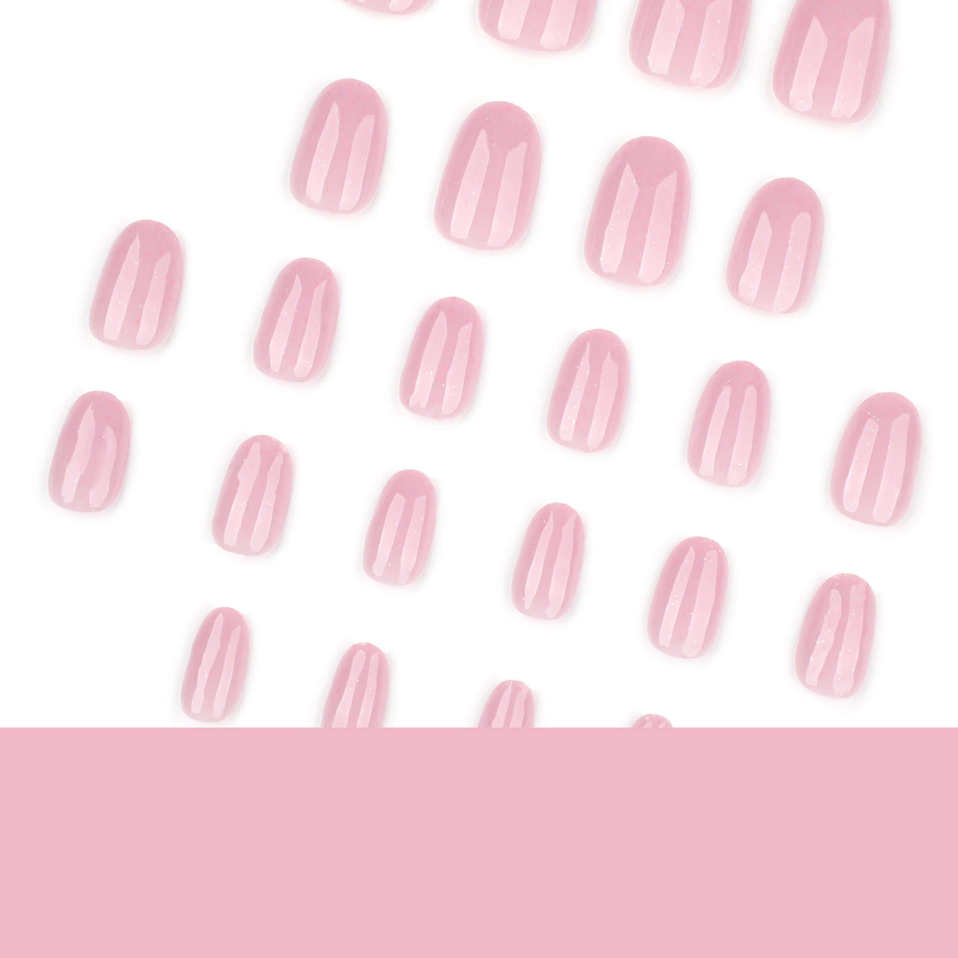 Ongles press-on simples, courts — rose, forme ronde, paillettes brillantes