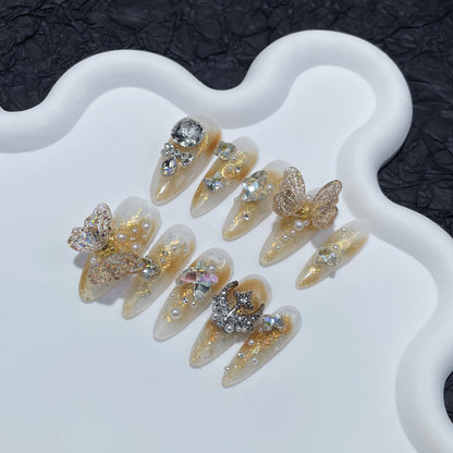 Light luxury heavy industry pure handmade high-end wearing armor Symphony smart butterfly long pointed nail patch moving butterfly｜365nails