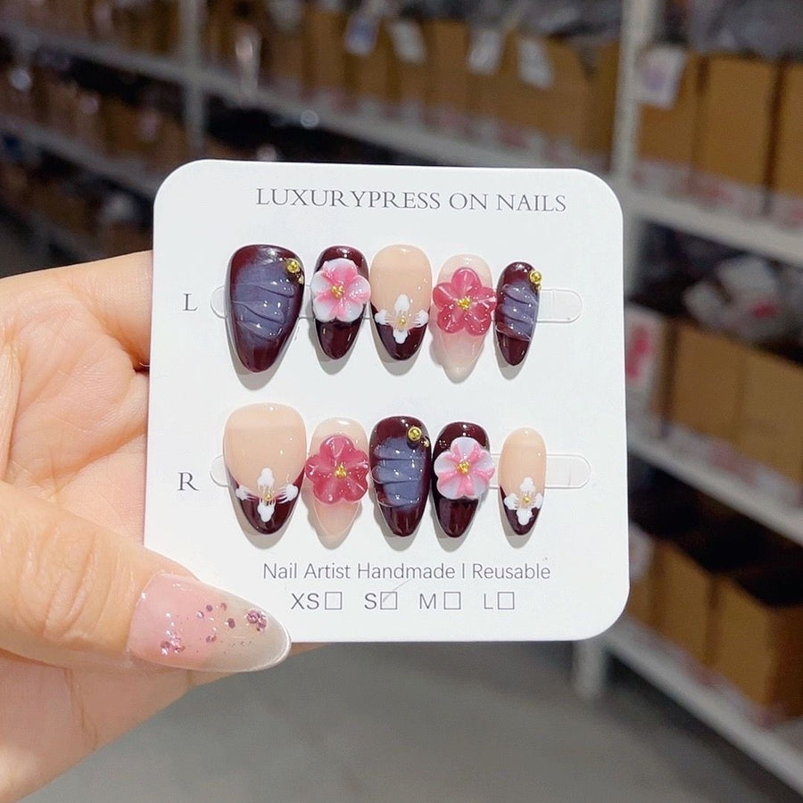 365nails: "Plum Sakura Noir" – Short Oval Plum-Pink Floral Handmade Press-On Nails