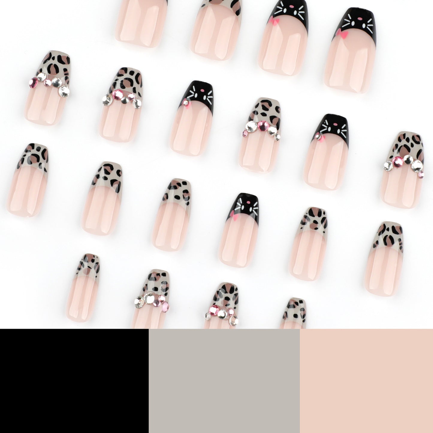 Sweet and cool French leopard print short ballet manicure flash diamond flash manicure fake nail  hot-selling wearable nail piece｜365nails