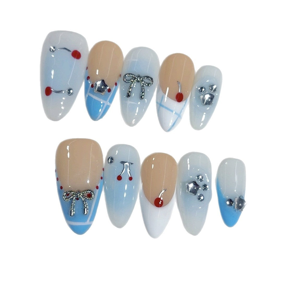 365nails 블루베리 리본의 즐거움 미디엄 아몬드형 귀여운 카툰 수제 프레스온 네일