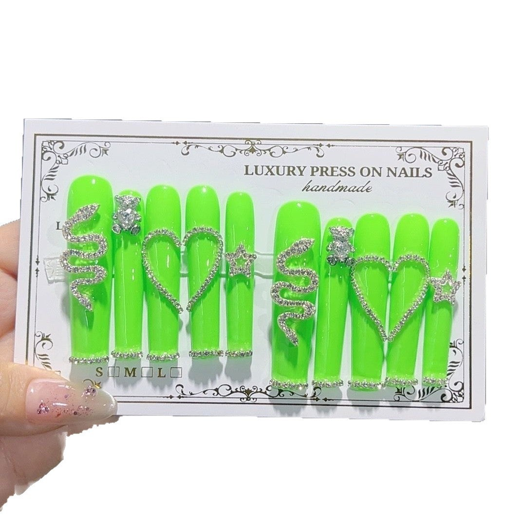 Neon Green Crystal Heart Statement Press On Nails